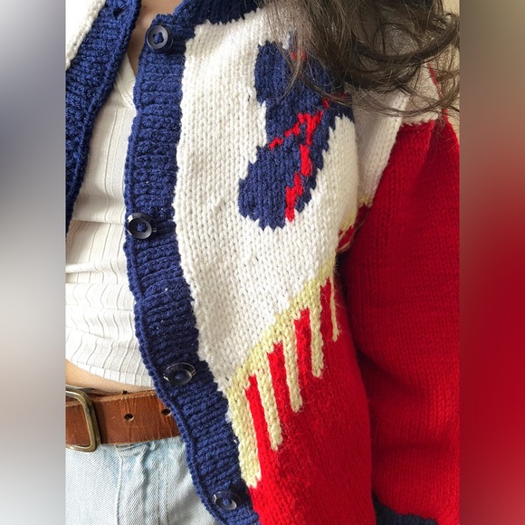 ‼️SOLD‼️ One Of A Kind Knit Handmade Western Cowboy Colour Block‎ Cardigan - Picture 4 of 14